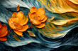 Closeup painting of yellow flowers on electric blue backdrop