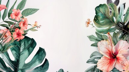 Wall Mural - Watercolor flowers and leaves showcased against a pristine white backdrop