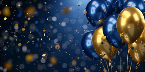 Background, Festive Blue, Gold, and Black Balloons with Falling Confetti, Celebration-Themed Balloons in Blue, Gold, and Black with Golden Confetti