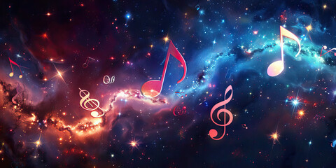 Wall Mural - Galactic Harmonies: Music Notes Floating in Space Amongst Stars and Nebulae.