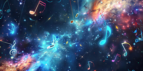 Wall Mural - Galactic Harmonies: Music Notes Floating in Space Amongst Stars and Nebulae.