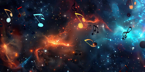 Wall Mural - Galactic Harmonies: Music Notes Floating in Space Amongst Stars and Nebulae.