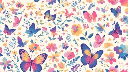 Wall Mural - A vibrant pattern of colorful butterflies and flowers. 