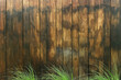 Brown wood plank wall texture background. Surface of teak wood background fence in garden. Wooden fence with green lawn and trees. Old wooden panel has beautiful dark pattern, hardwood wall texture.