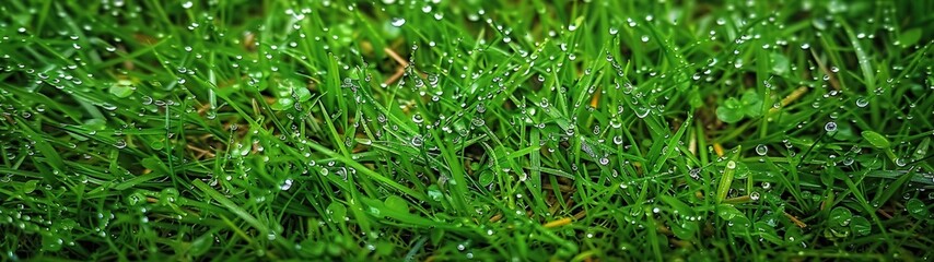 Aerial view of a stretch of green grass with dew drops. Grass background.