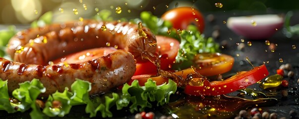 Delectable hotdog sausages, expertly grilled and kept warm, adorned with crisp lettuce, juicy tomatoes, tangy onions, and zesty peppers for a culinary delight