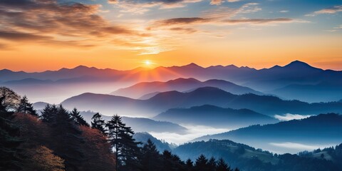 Wall Mural - Amazing beautiful rock hills mountain peak sunrise ligh beam. Adventure travel nature outdoor landscape background scene view