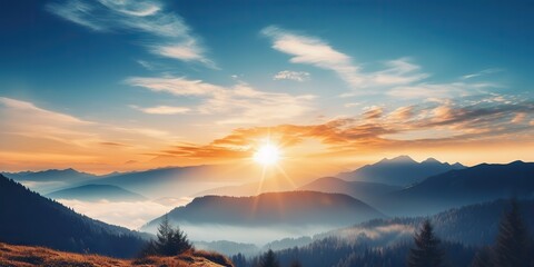 Wall Mural - Amazing beautiful rock hills mountain peak sunrise ligh beam. Adventure travel nature outdoor landscape background scene view