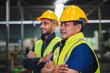 Two men wearing safety gear and yellow helmets stand together