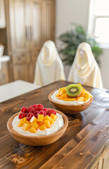 Wall Mural - cream in a bowl topped with fruit chops 