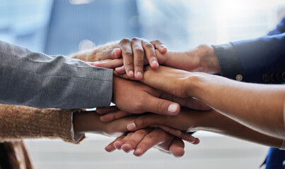 Poster - People, hands and huddle in office for teamwork, collaboration and partnership together. Sales agency, culture and group trust for success, achievement and celebration of company target or goal