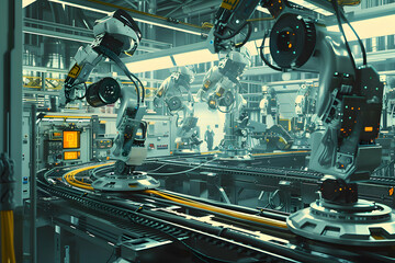 Wall Mural - Futuristic Robotics Manufacturing Factory - Innovative High-Tech Industrial Production