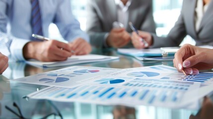 Poster - A business team discussing strategy around a table covered with printed reports and graphs, collaborating for informed decision-making.