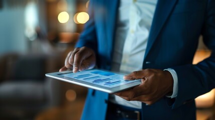 Poster - A businessman analyzing financial data on a tablet device, with graphs and charts illustrating revenue and expenses.