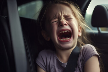 little girl crying in the car, close-up