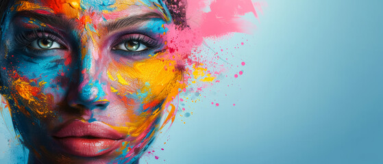 Wall Mural - A woman's face is painted with bright colors and has a splash of paint on it