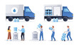 Water delivery service. Vector illustration of man with plastic bottle, car truck with barrels, people who drink water, characters. Business logistic industry. Aqua distribution and transportation