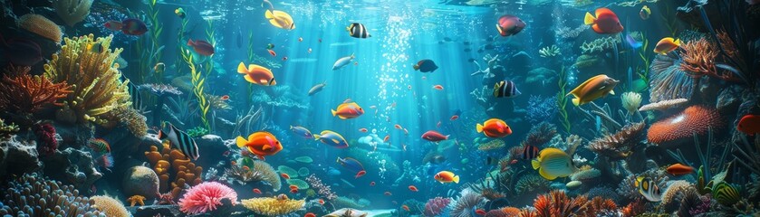 Wall Mural - A colorful underwater scene with many fish swimming around