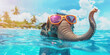 Cute elephant having fun and swimming in the pool, summer vacation concept
