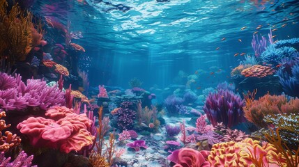 Wall Mural - A colorful underwater scene with many different types of coral and fish