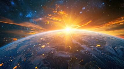 Wall Mural - the planet earth bathed in the warm glow of a sunrise against the backdrop of space