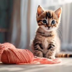 Wall Mural - AI generated illustration of a cute kitten plays with a thread