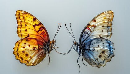 The images show two colorful bright multicolored tropical butterflies with wings spread on white background, close-up macro.