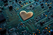 Heart-shaped microchip on green circuit board. Neural network generated image. Not based on any actual person or scene.