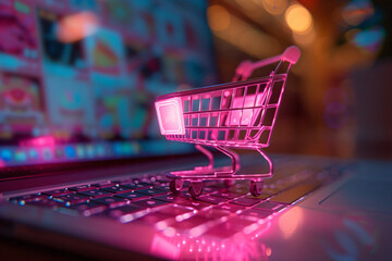 Wall Mural - Laptop computer and purple shopping cart, ecommerce concept