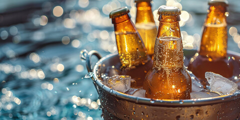 Wet beer bottles in a metal bucket with ice in a pool of water on a summer day.