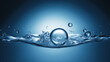 liquid water drops, molecular formula of liquid chemical elements, blue clear water, minimalistic background, close-up