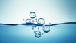 liquid water drops, molecular formula of liquid chemical elements, blue clear water, minimalistic background, close-up
