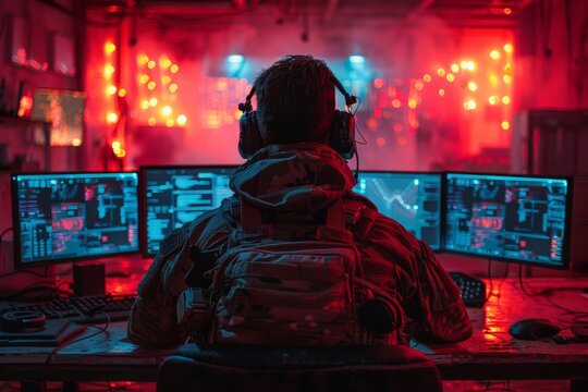 A figure in military style camouflaged clothing and headset sits in front of a multiple screen workstation in a dimly lit room with red ambient lighting