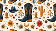 This seamless pattern contains cowboy boots, hats, horseshoes, peyote cactus, sun, wild west, western, boho style. Vector.