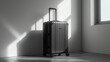 An isolated silhouette of a black rolling suitcase on white background. Concept of travel, tourism, vacation, business trips, and luggage portability. Graphic artwork.