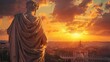 philosopher statue overlooking a sunset in ancient rome. AI generated illustration