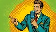 Voice of the Hour, captures a classic comic book style reporter delivering an enthusiastic announcement