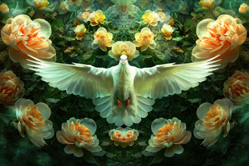 Wall Mural - Mystical Garden with Flowers., Pentecost a Christian holiday, the descent of the Holy Spirit.