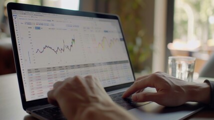 Poster - A close-up of a laptop screen displaying a line graph, with hands typing data into a spreadsheet, highlighting financial analysis.