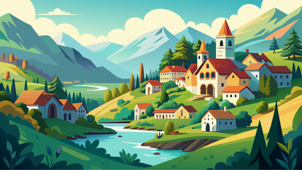 A mountain village with a river running through it. The houses are small and quaint, and the overall mood of the image is peaceful and serene