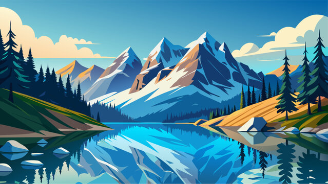 A mountain range with a lake in the foreground. The mountains are covered in snow and the lake is calm and clear. The scene is peaceful and serene, with the mountains and lake creating a beautiful