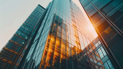 Aufkleber - A close-up of glass facades and sleek architecture, showcasing the elegance and grandeur of high-rise buildings in a downtown district.