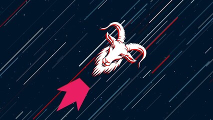 Wall Mural - Goat symbol flies through the universe on a jet propulsion. The symbol in the center is shaking due to high speed. Seamless looped 4k animation on dark blue background with stars