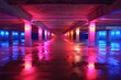 Spaceship Virtual Futuristic Sci Fi Neon Glowing Fluorescent Track Purple Blue Pink Corridor Path Gate Tunnel Gallery Light Lines Triangle Shaped Underground Grunge. AI generated illustration