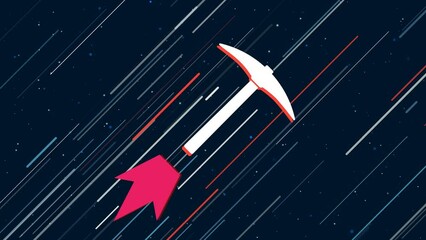 Wall Mural - Pickaxe symbol flies through the universe on a jet propulsion. The symbol in the center is shaking due to high speed. Seamless looped 4k animation on dark blue background with stars