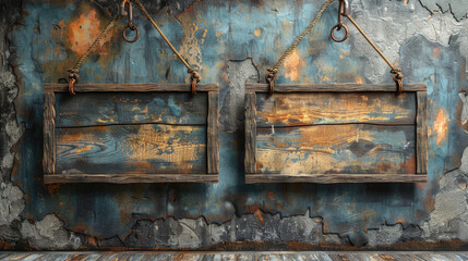 Two Wooden Frames Hanging on a Rusty Wall