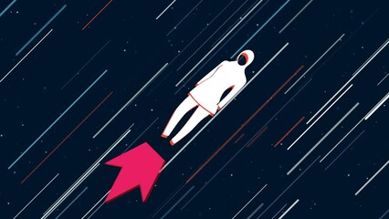 Wall Mural - Burkini symbol flies through the universe on a jet propulsion. The symbol in the center is shaking due to high speed. Seamless looped 4k animation on dark blue background with stars