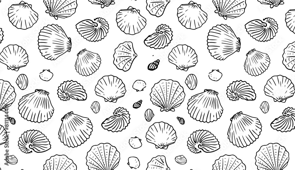 Sea Shell Print Design Seamless pattern of hand drawn seashells on white background. Marine ...