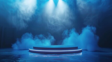 Wall Mural - elegant display podium scene. The circular pedestal, illuminated by spotlights against a blue background with smoke