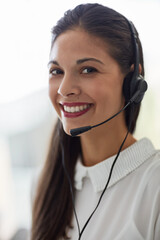 Aufkleber - Call center, portrait or happy woman in office consulting for insurance, faq or contact us, crm or b2b networking. Outsourcing, telecom or face of virtual assistant with tech support or legal advice